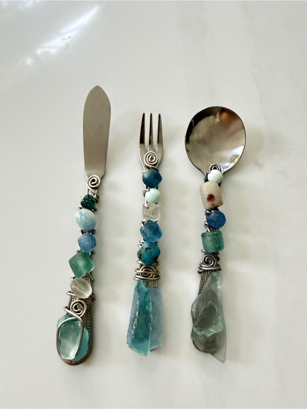 Choice Wire Wrapped stones Sea Glass 3pc Flatware Set Artisan Knife Fork Spoon⁠